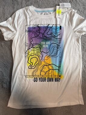 Epic Threads White Tee with Purple Blue Green Yellow Topographic Print